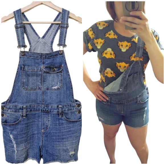 Mossimo Supply Co. Pants - Jean Overalls Shorts Distressed Denim Shortalls Medium Wash Blue Medium Mossimo